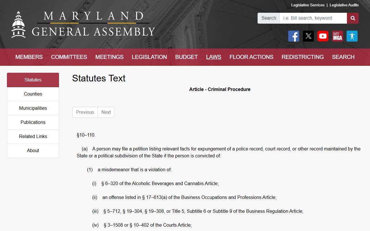 Maryland conviction expungement statute for court charges