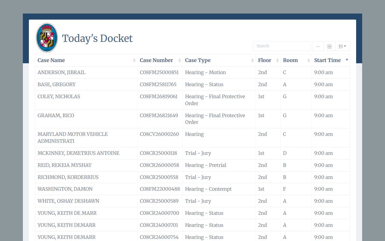 Charles County Circuit Court docket display