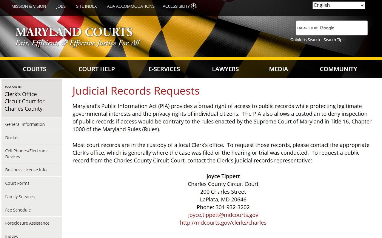 Charles County judicial records request page