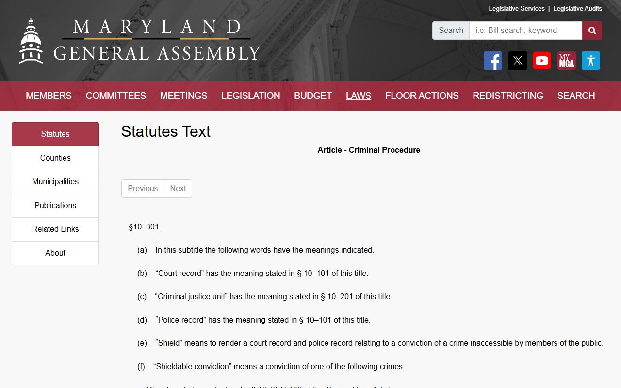 Maryland shielding definitions and shieldable convictions