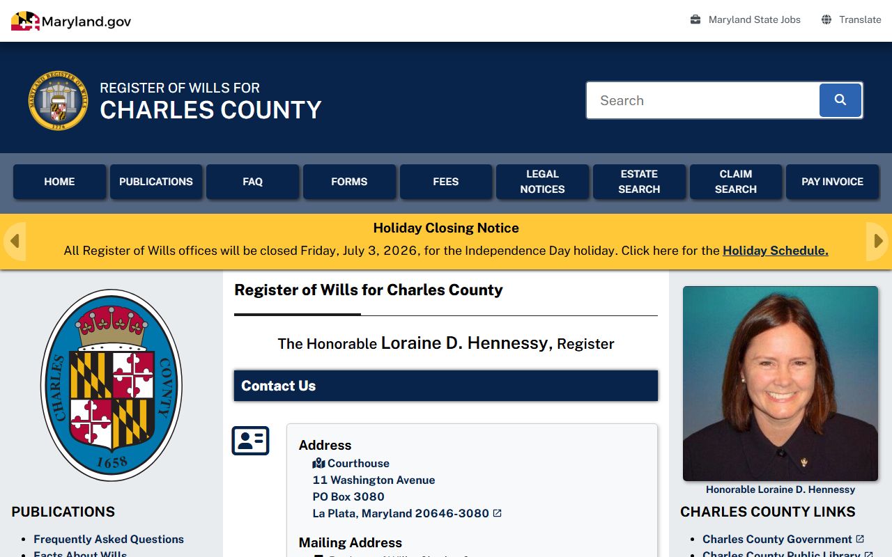 Charles County Orphans' Court and Register of Wills records page