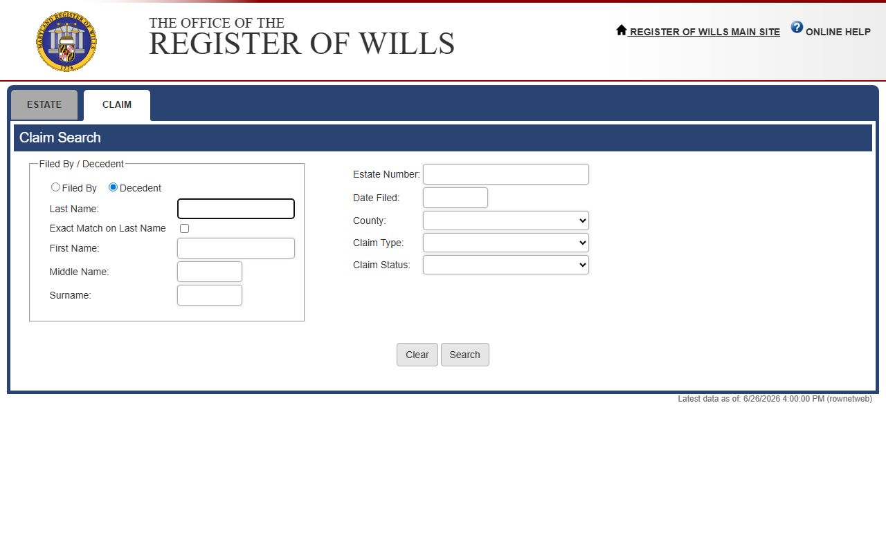 Charles County probate records claim search portal