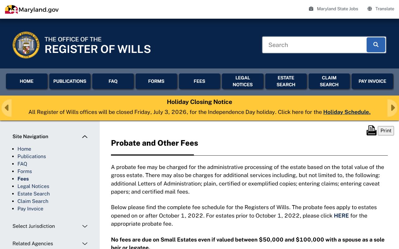 Charles County probate records Register of Wills fee page