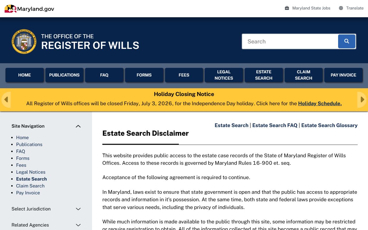 Charles County probate records Estate Search portal
