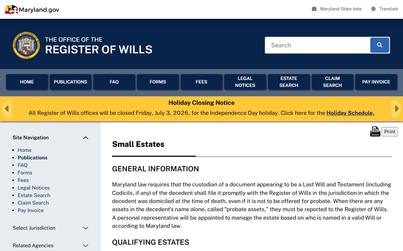 Charles County probate records small estate information